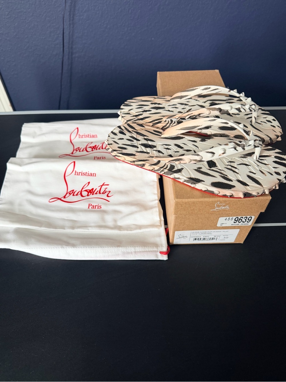 Christian Louboutin Beige and Black Leopard Studded Flip-Flop Sandals - Picture 5 of 6